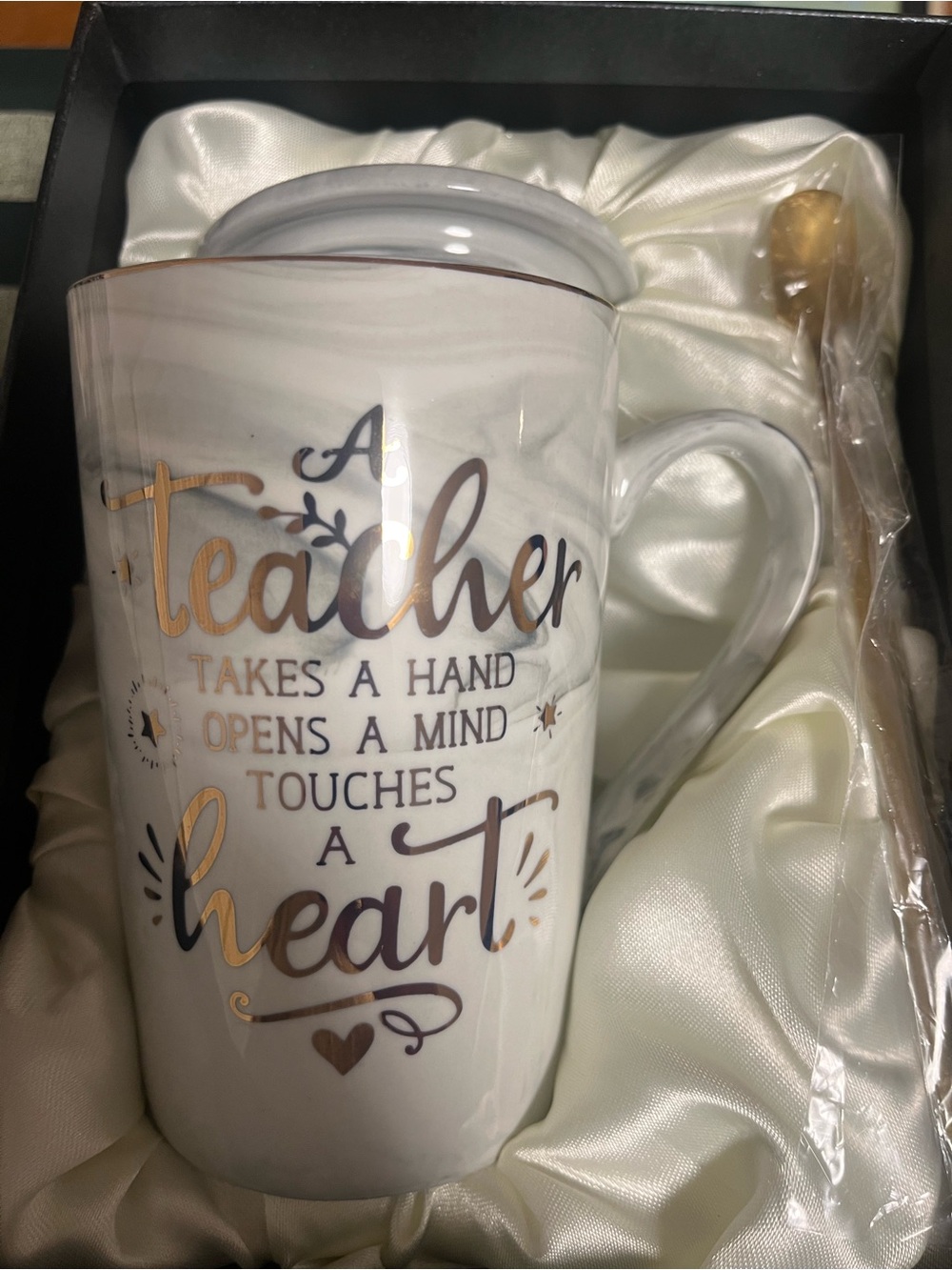 Teacher Mug with Lid and Spoon - Gold & Black Script